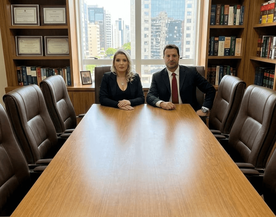 Dra. Bruna do Prado e Dr. André Stevens em reunião estratégica com cliente